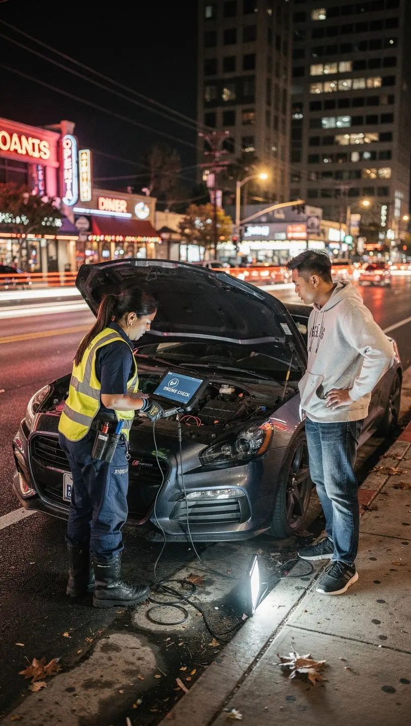 Mobile mechanic replacing brake pads on customer’s vehicle in a convenient parking lot location.