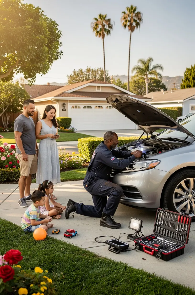 Mechanic inspecting battery and electrical connections under car hood during mobile emergency repair call in Los Angeles Atlas.